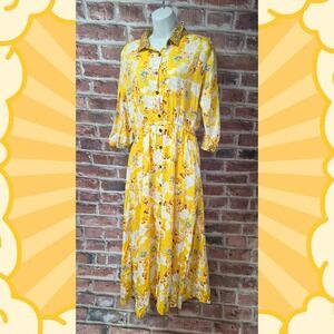 Women's LAPIS Floral Boho 3/4 Long Sleeve Button Up Dress Large